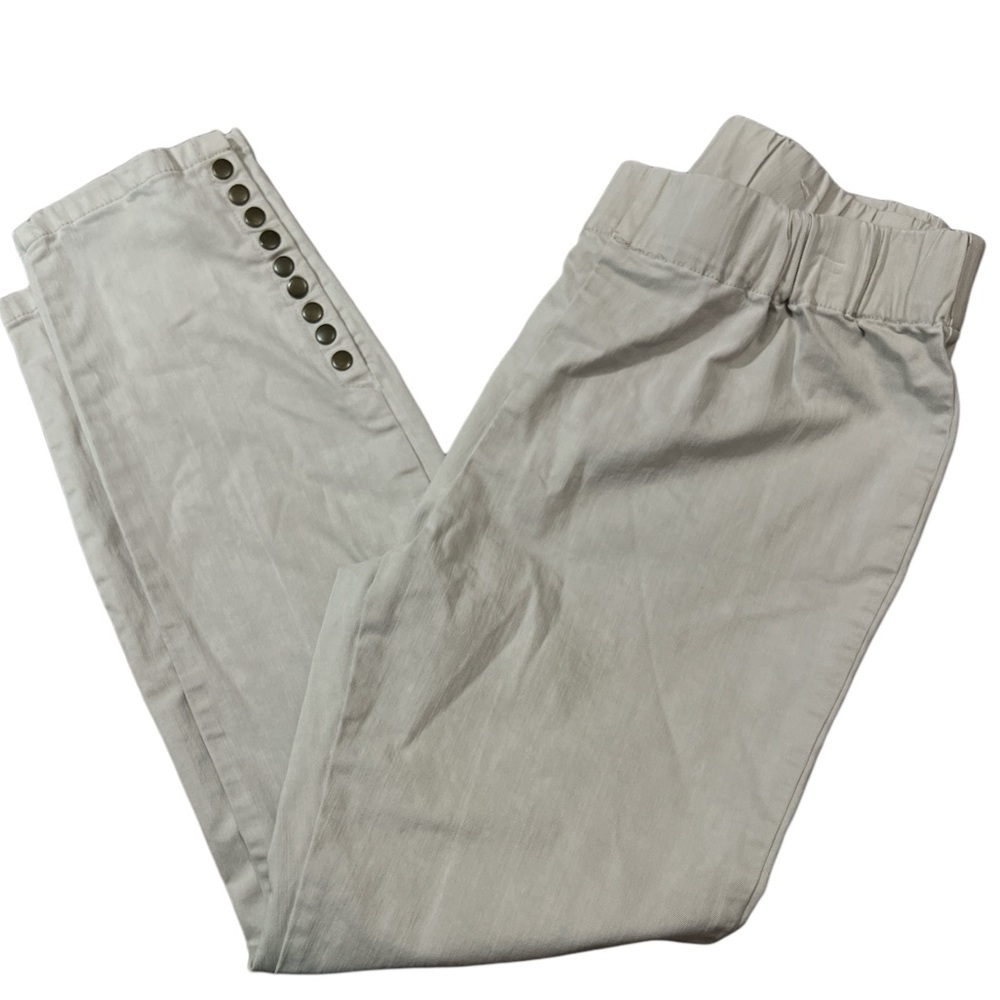 Soft Surroundings EUC khaki pants with gold snaps on each leg. Size large.